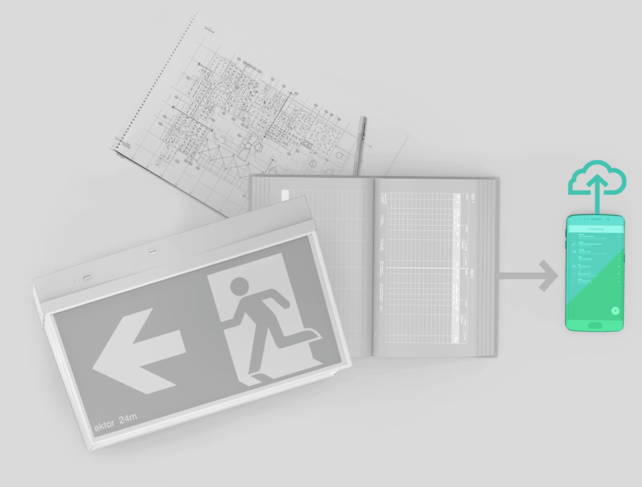 Illustration of emergency lighting plan and logbook connected to a phone and uploaded to the cloud