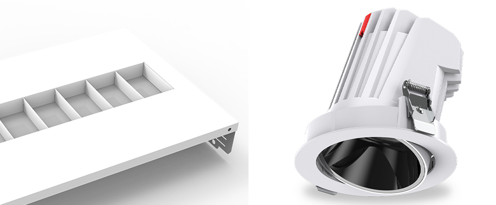 Two low glare commercial light designs, a louvred troffer and a recessed downlight