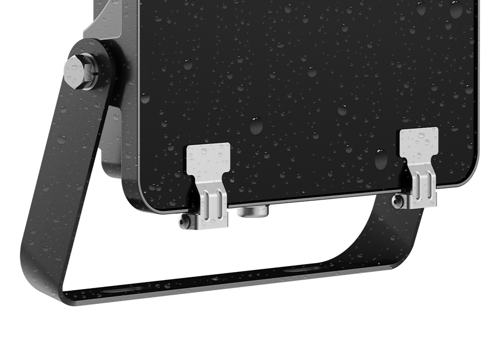 Closeup of LED Floodlight covered in water droplets