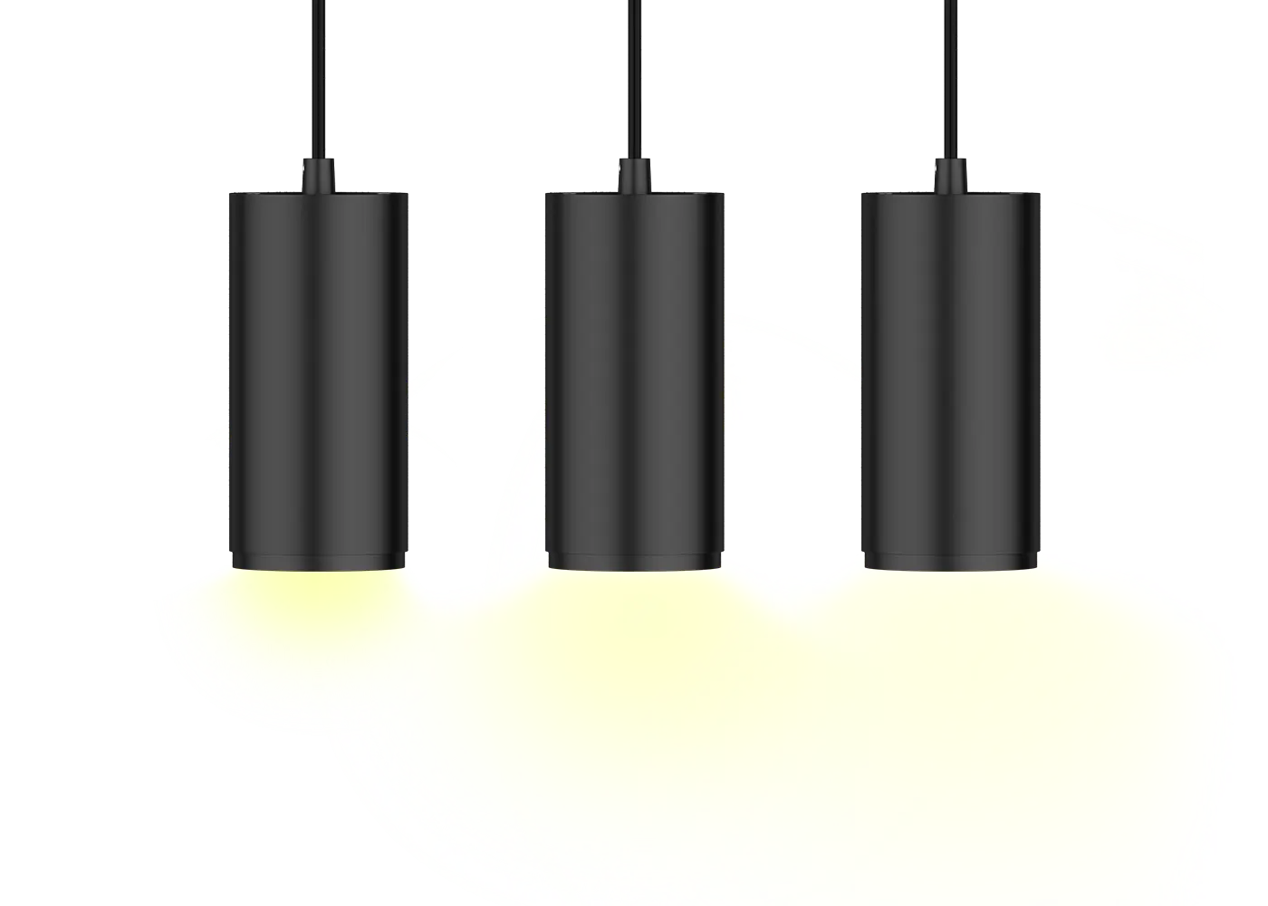 Three black pendant lights showing different light output intensity